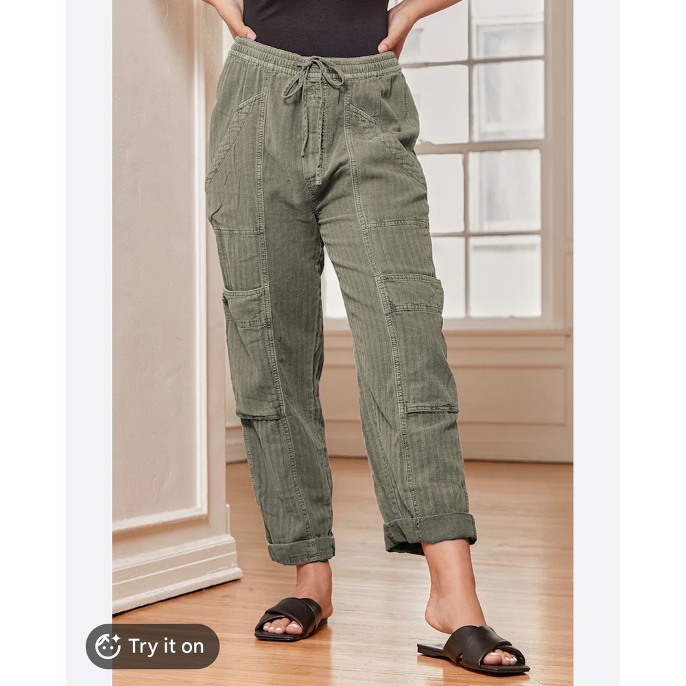Free People Feel Good Linen Cargo Joggers XS Green Utility Gorpcore Boho Pants